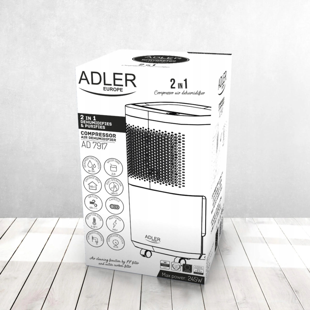 ADLER AD 7917 oro sausintuvas, 10 l/24 h, 2,2 l bakelis, oro valymo funkcija, atsarginis filtras