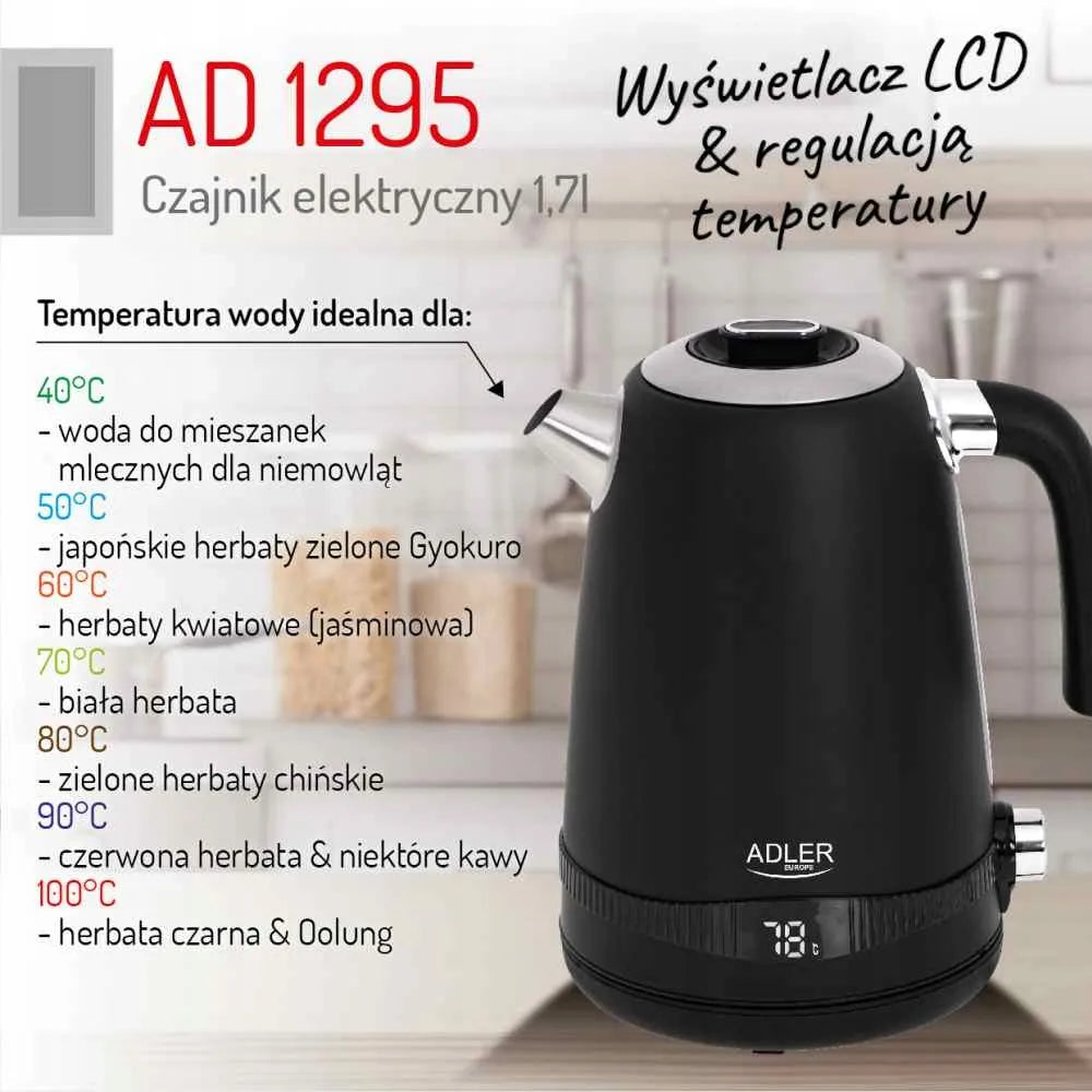 ADLER AD1295b belaidis metalinis elektrinis virdulys, 1,7 l, 2200 W, su temperatūros reguliavimu