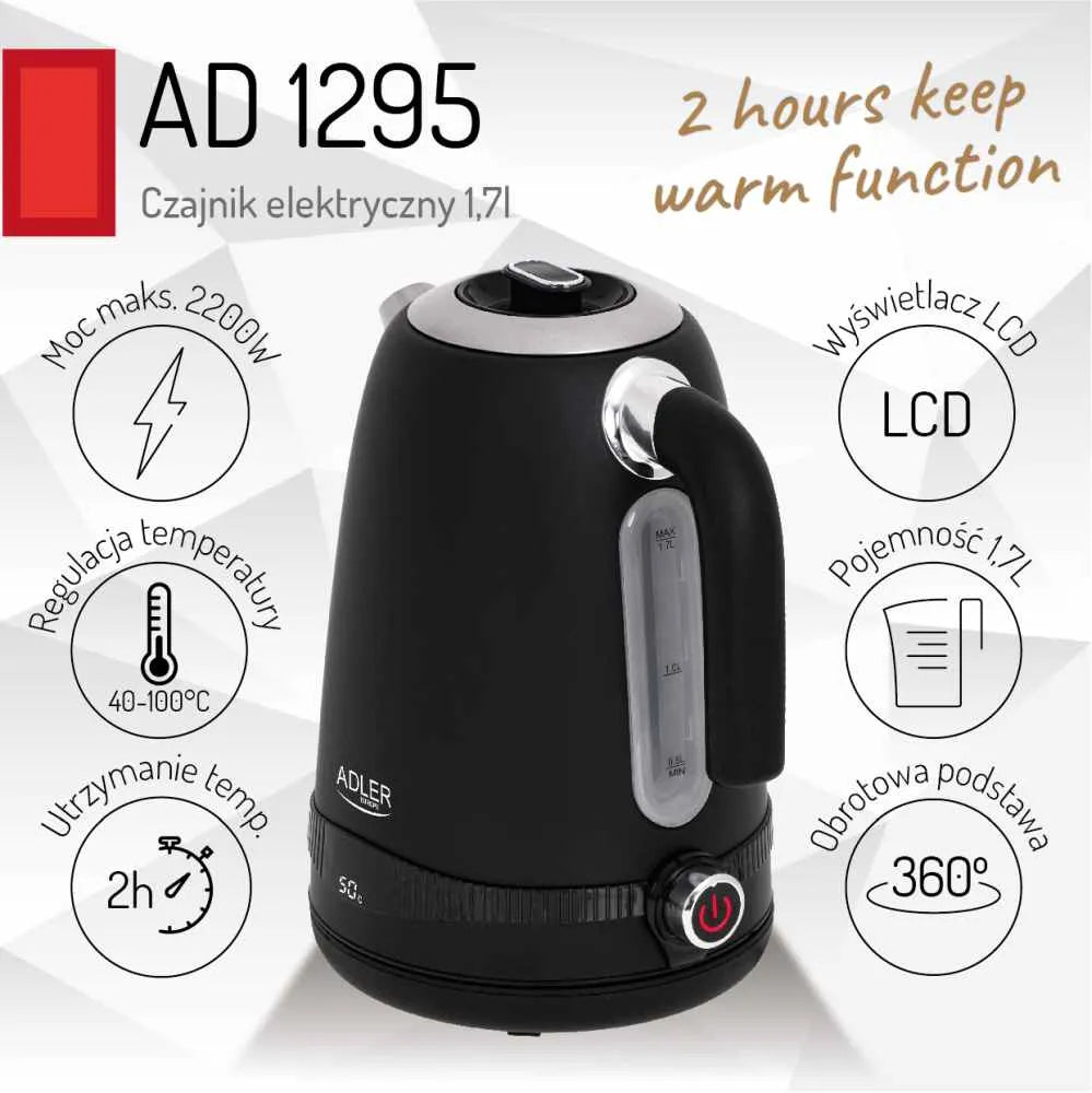 ADLER AD1295b belaidis metalinis elektrinis virdulys, 1,7 l, 2200 W, su temperatūros reguliavimu