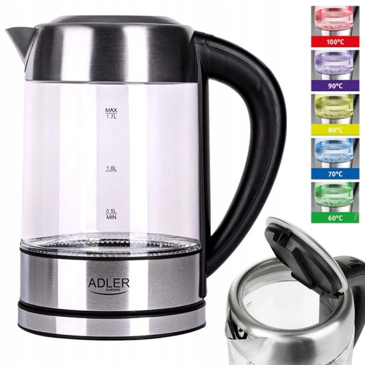 Adler ADL118283 stiklinis elektrinis virdulys, 1,7 l, su temperatūros reguliavimu ir LED apšvietimu