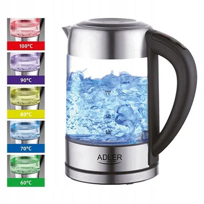 Adler ADL118283 stiklinis elektrinis virdulys, 1,7 l, su temperatūros reguliavimu ir LED apšvietimu