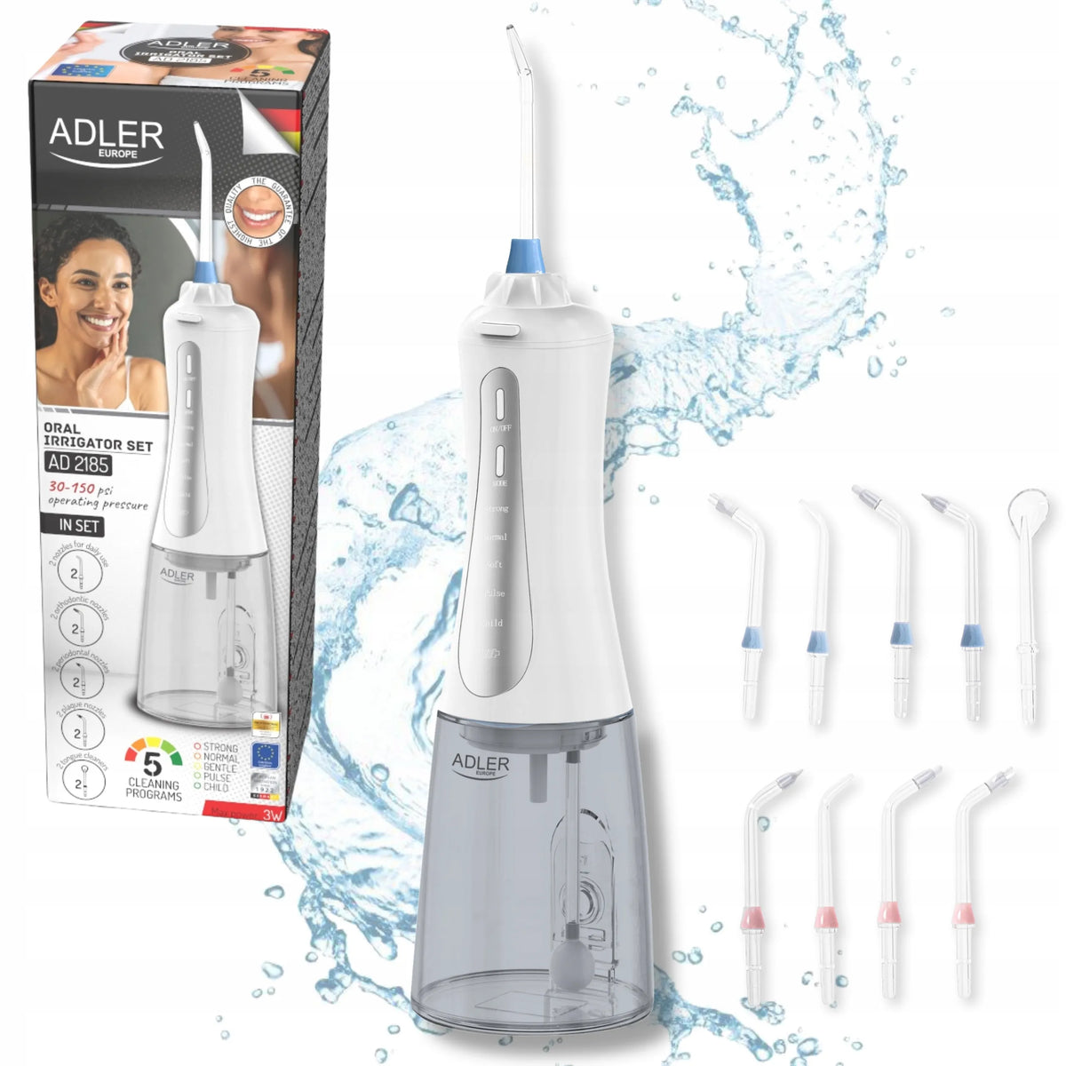 „Adler“ belaidis burnos irigators, 10 antgalių, 5 režimai, USB-C, 350 ml, AD2185