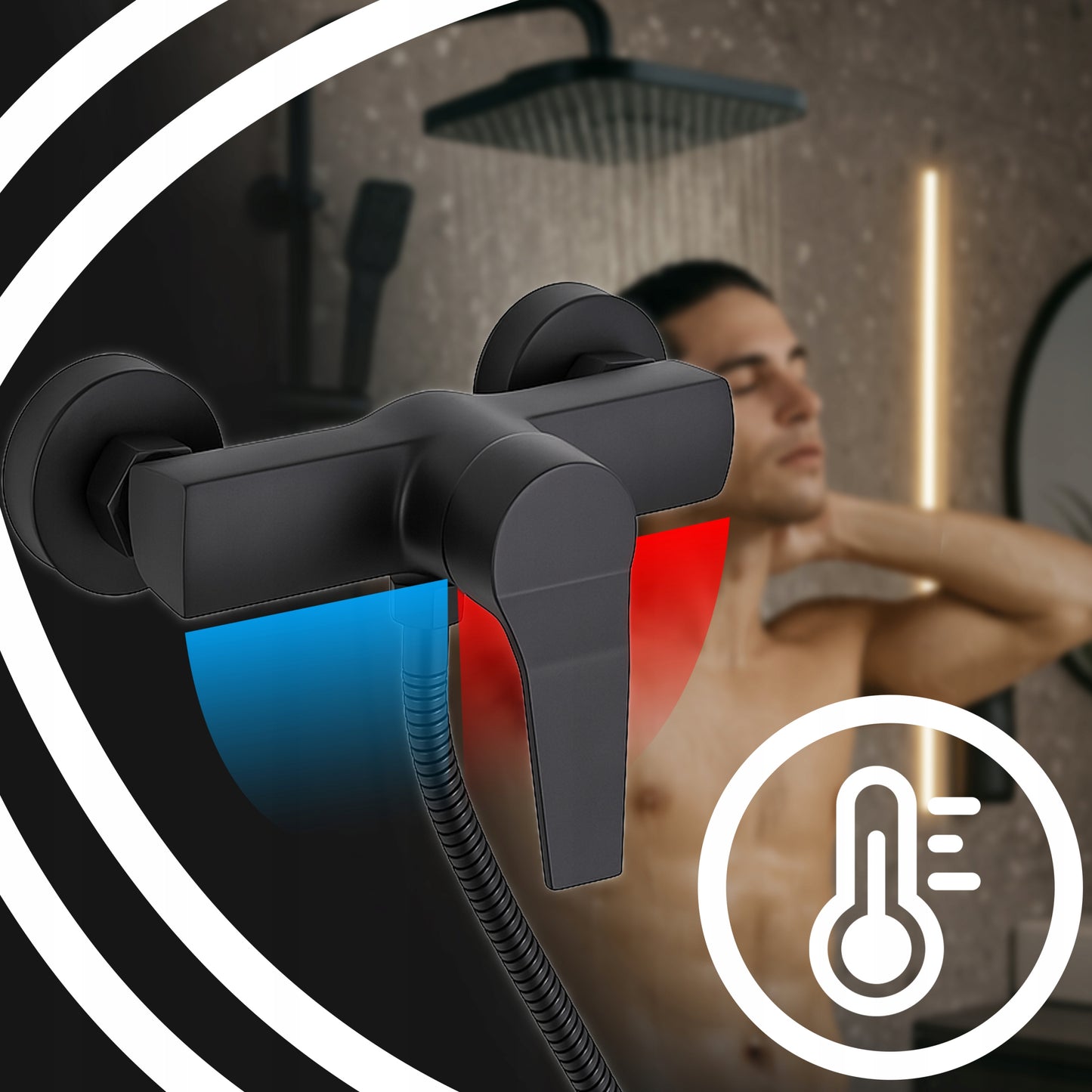 Juodas sieninis dušo komplektas su lietaus ir rankine galvutėmis