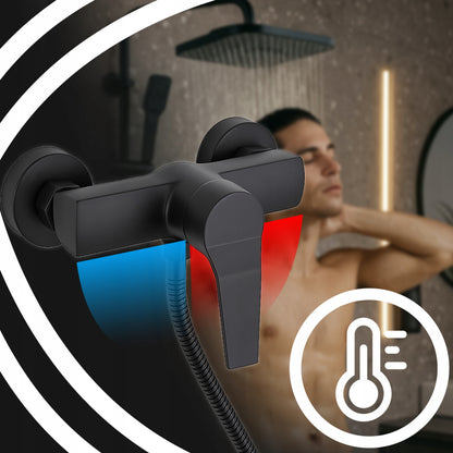 Juodas sieninis dušo komplektas su lietaus ir rankine galvutėmis