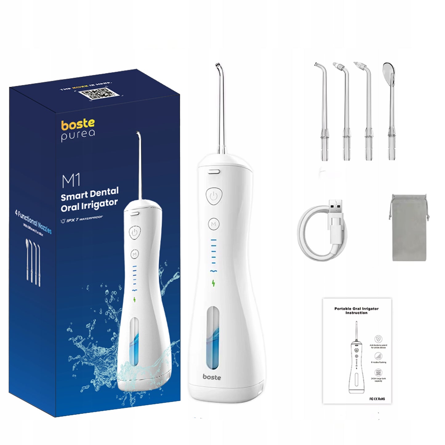 BOSTE Belaidis Galingas Burnos Irigatorius 6 Režimai 4 Antgaliai