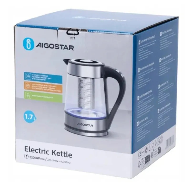„Aigostar“ elektrinis virdulys su temperatūros reguliavimu, 2200 W, 1,7 l, sidabrinis / pilkas