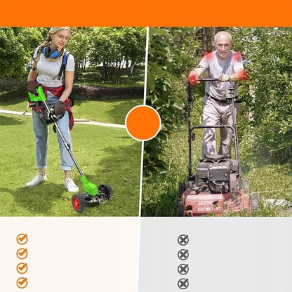 Akumuliatorinė žoliapjovė su ratukais, dalgis, žolės trimeris + 2x akumuliatoriai