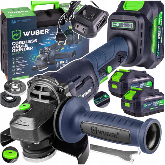 Akumuliatorinis kampinis šlifuoklis WUBER W04501 125mm su sūkių reguliavimu, 2x 4Ah akumuliatoriai
