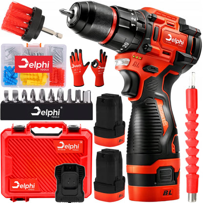 Akumuliatorinis suktuvas-gręžtuvas Delphi Tools bešepetėlis, smūginis, galingas, 2x akumuliatoriai