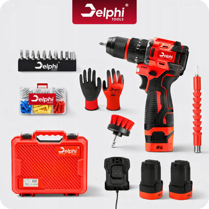 Akumuliatorinis suktuvas-gręžtuvas Delphi Tools bešepetėlis, smūginis, galingas, 2x akumuliatoriai