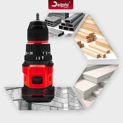Akumuliatorinis suktuvas-gręžtuvas Delphi Tools bešepetėlis, smūginis, galingas, 2x akumuliatoriai