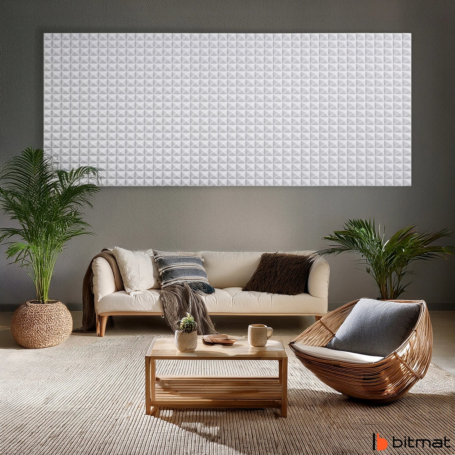 Akustinis skydelis šviesiai pilka piramidė be klijų 2m x 1m 4cm dizainas