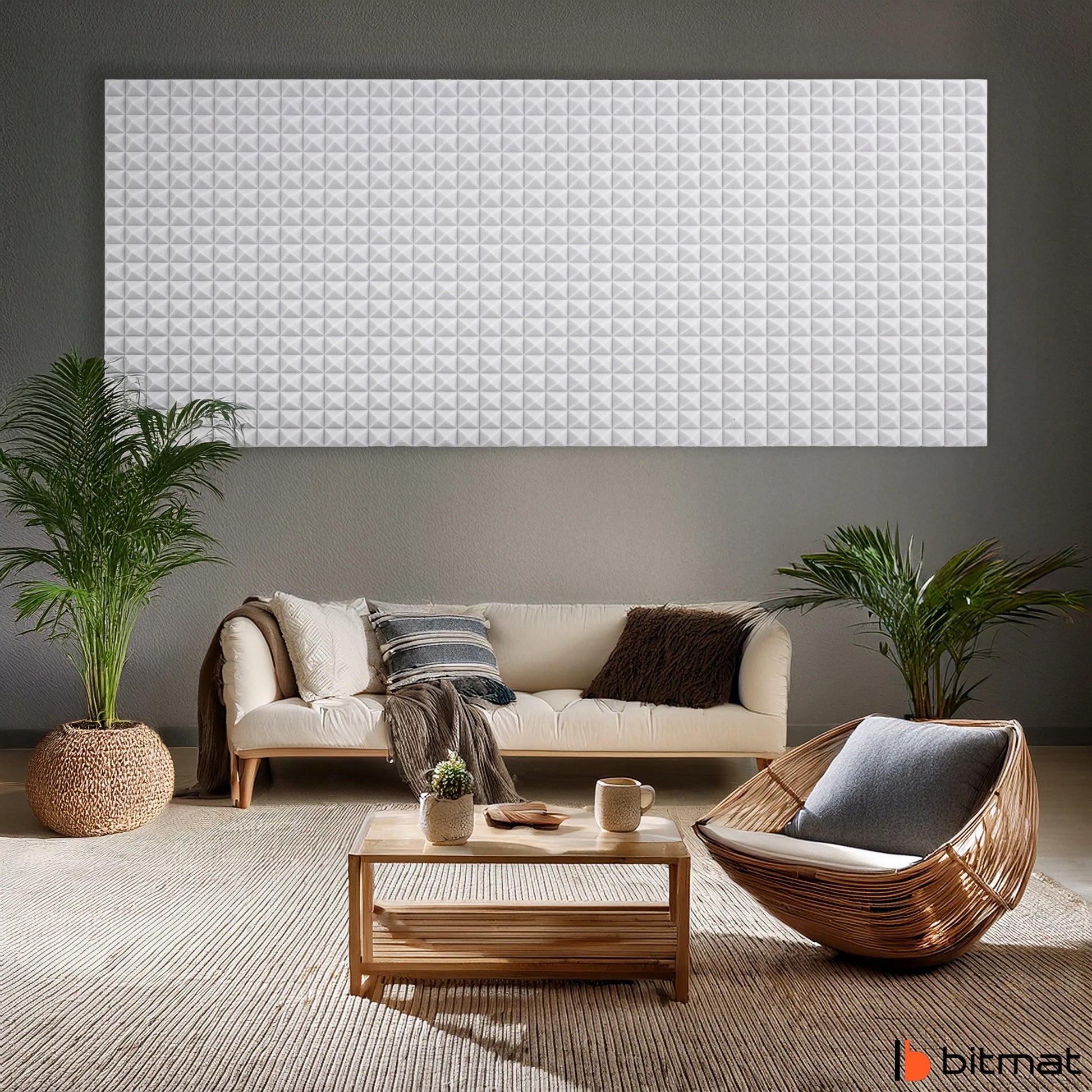 Akustinis skydelis šviesiai pilka piramidė be klijų 2m x 1m 4cm dizainas
