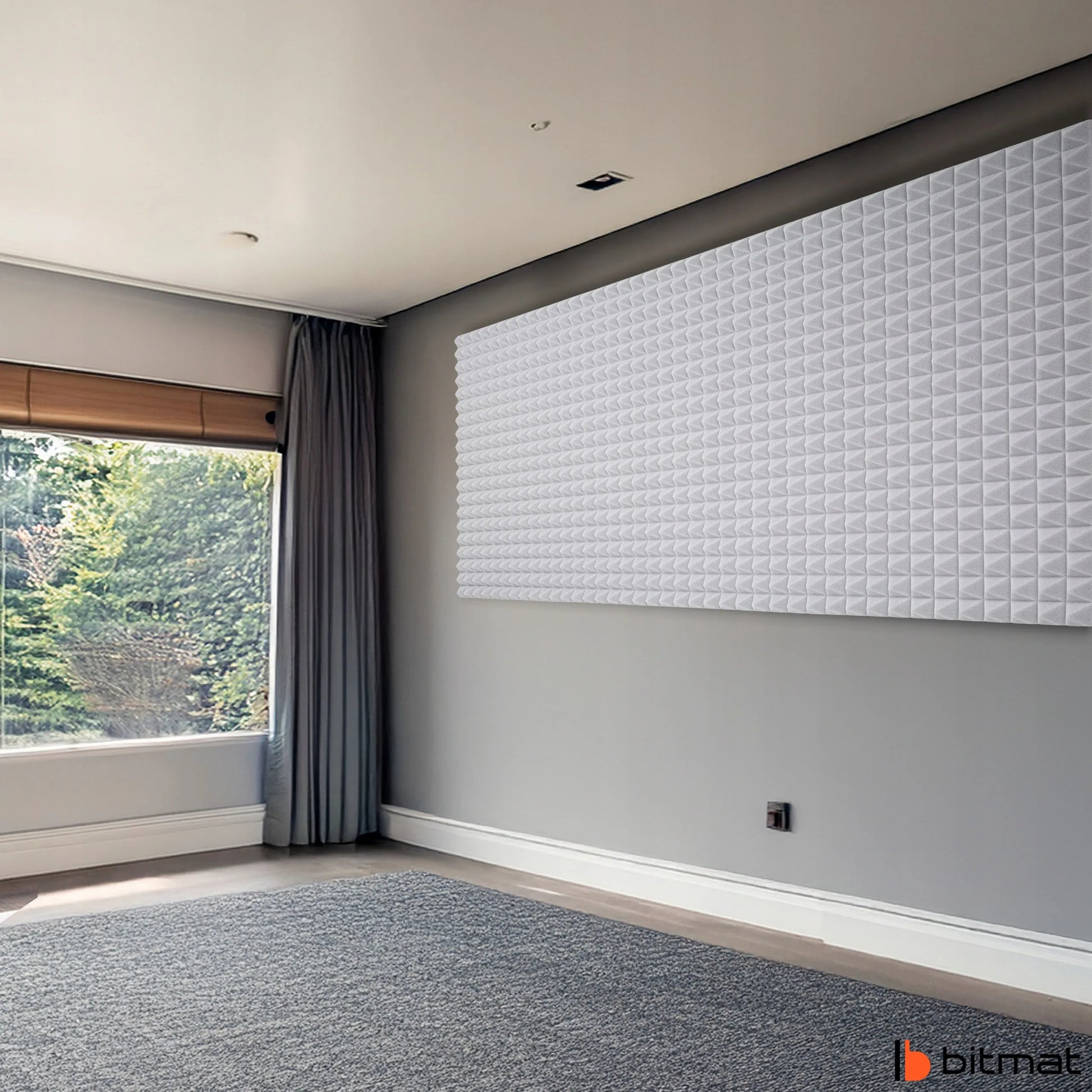 Akustinis skydelis šviesiai pilka piramidė be klijų 2m x 1m 4cm dizainas