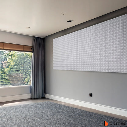 Akustinis skydelis šviesiai pilka piramidė be klijų 2m x 1m 4cm dizainas