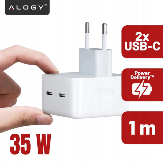 Alogy 35 W tinklo įkroviklis, 2 × USB-C PD, skirtas iPhone, su 1 m USB-C laidu, baltas