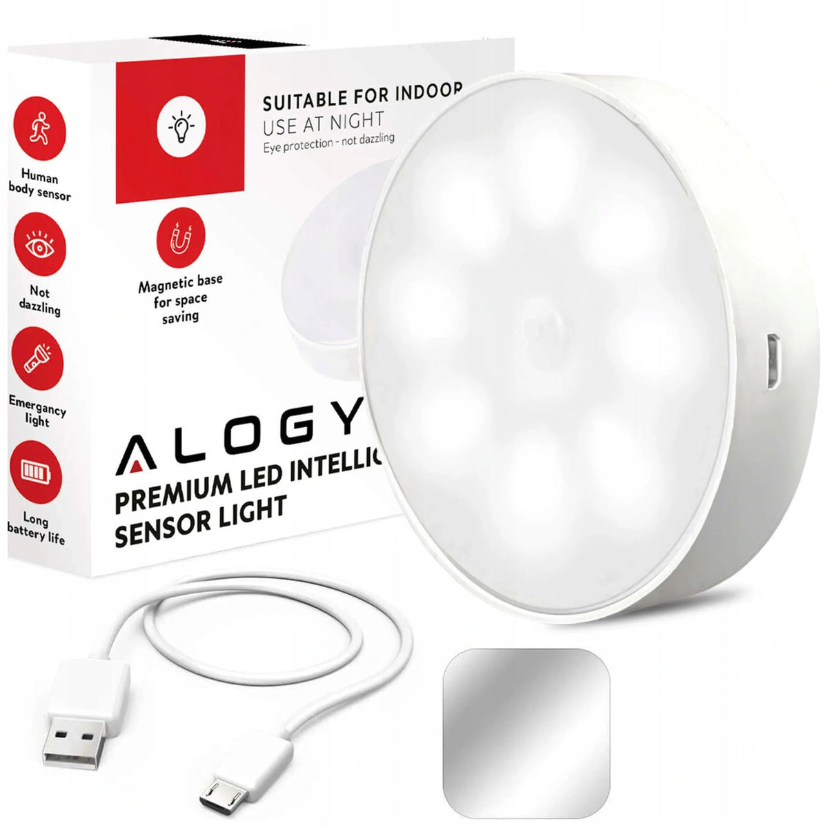 „Alogy“ 8 LED naktinė lemputė su PIR judesio jutikliu, USB įkrovimas, balta šviesa, skirta laiptams