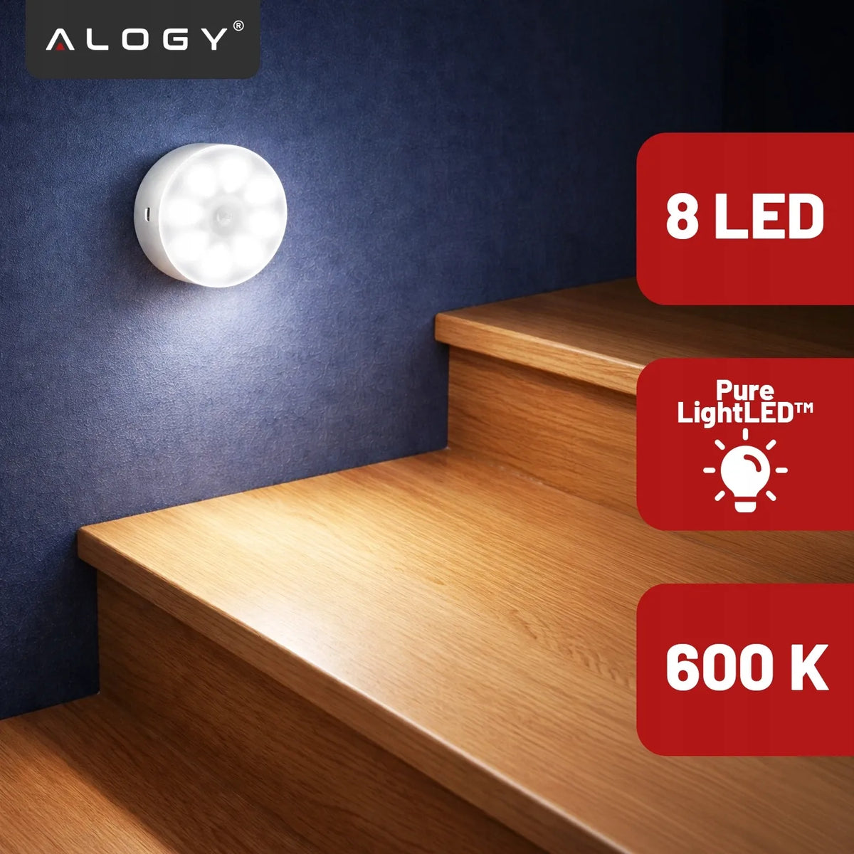 „Alogy“ 8 LED naktinė lemputė su PIR judesio jutikliu, USB įkrovimas, balta šviesa, skirta laiptams