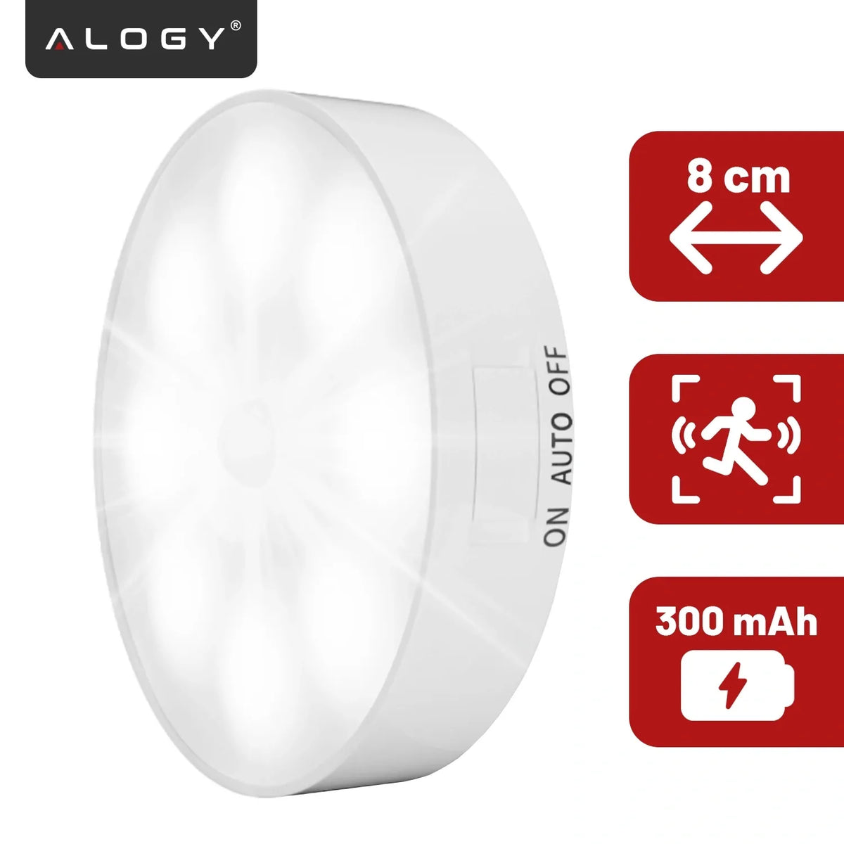 „Alogy“ 8 LED naktinė lemputė su PIR judesio jutikliu, USB įkrovimas, balta šviesa, skirta laiptams