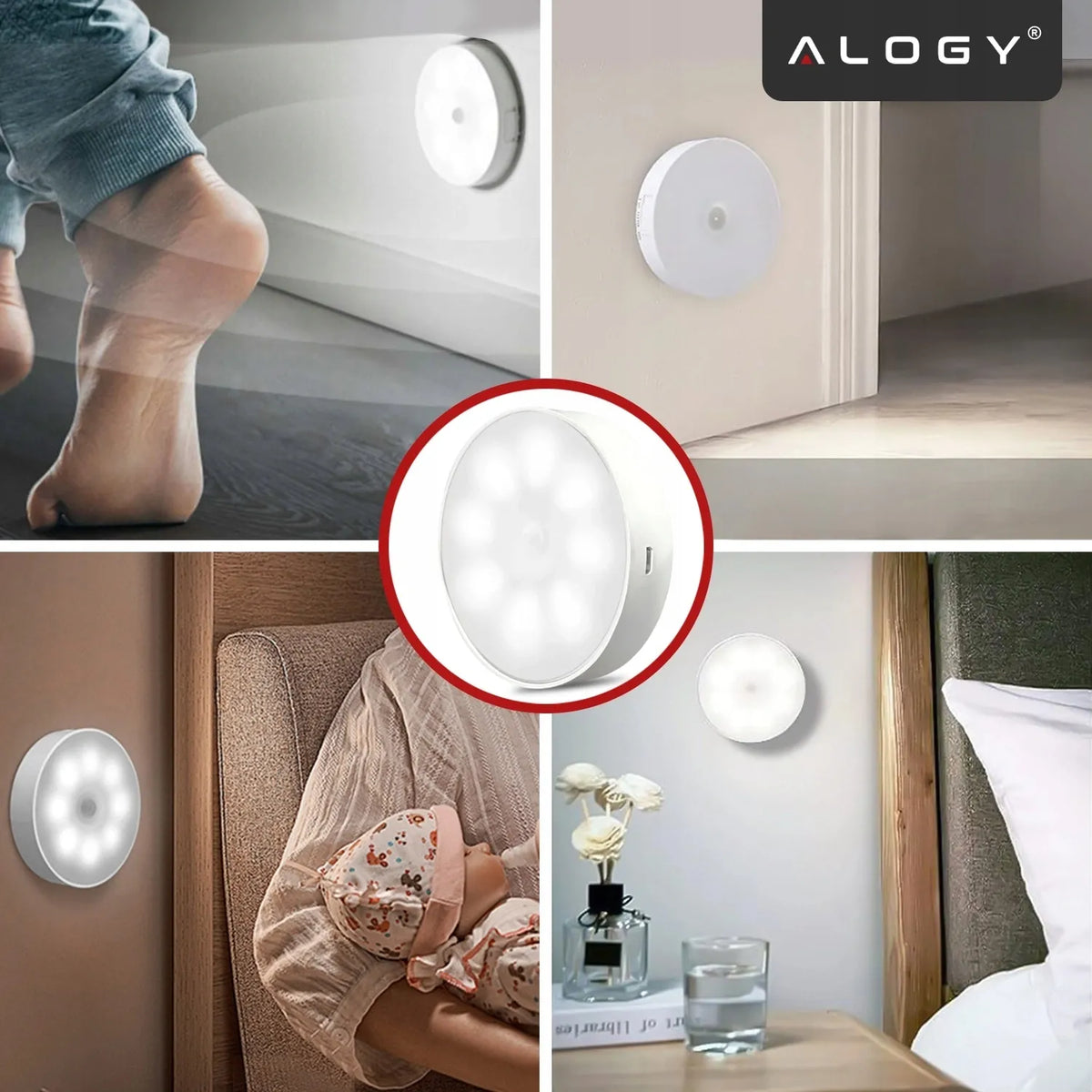 „Alogy“ 8 LED naktinė lemputė su PIR judesio jutikliu, USB įkrovimas, balta šviesa, skirta laiptams