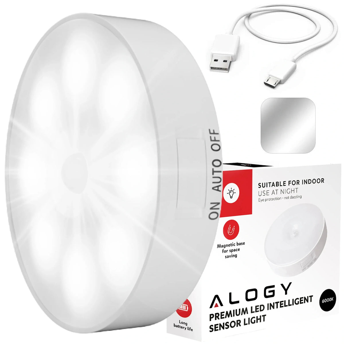 „Alogy“ 8 LED naktinė lemputė su PIR judesio jutikliu, USB įkrovimas, balta šviesa, skirta laiptams