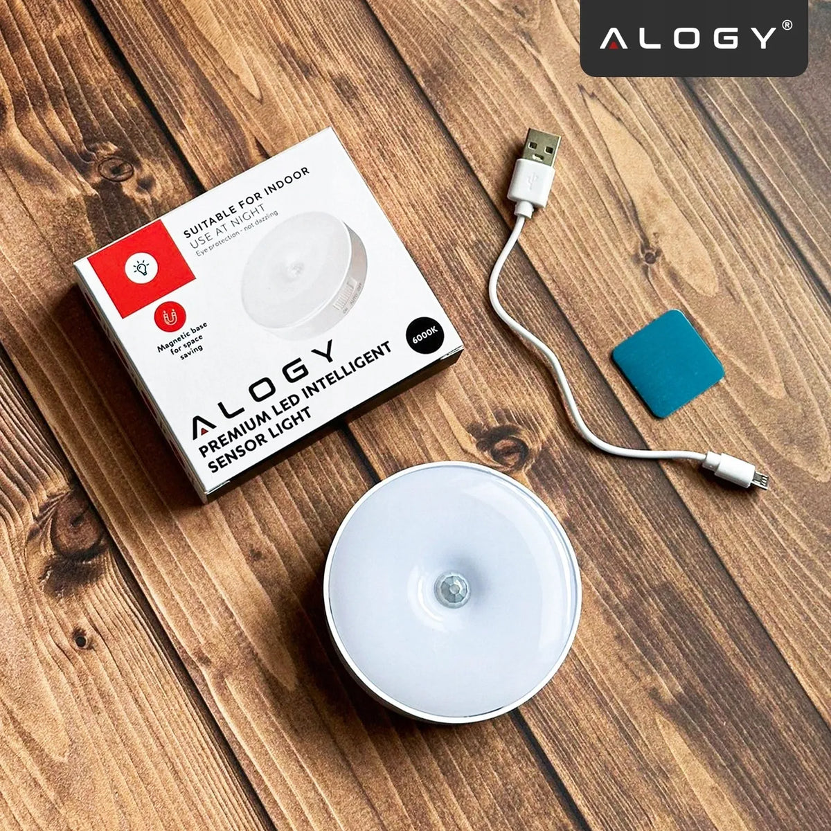 „Alogy“ 8 LED naktinė lemputė su PIR judesio jutikliu, USB įkrovimas, balta šviesa, skirta laiptams