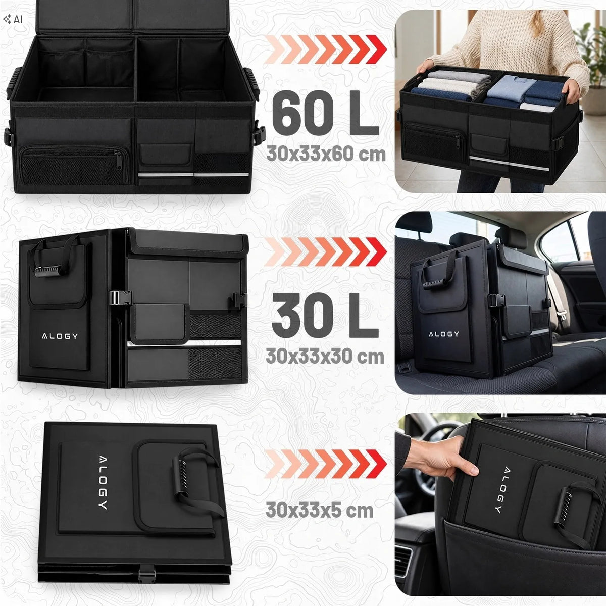 Alogy CarOrganizer™ automobilio bagažinės krepšys-organizatorius, 60 l, 60 × 33 × 30 cm