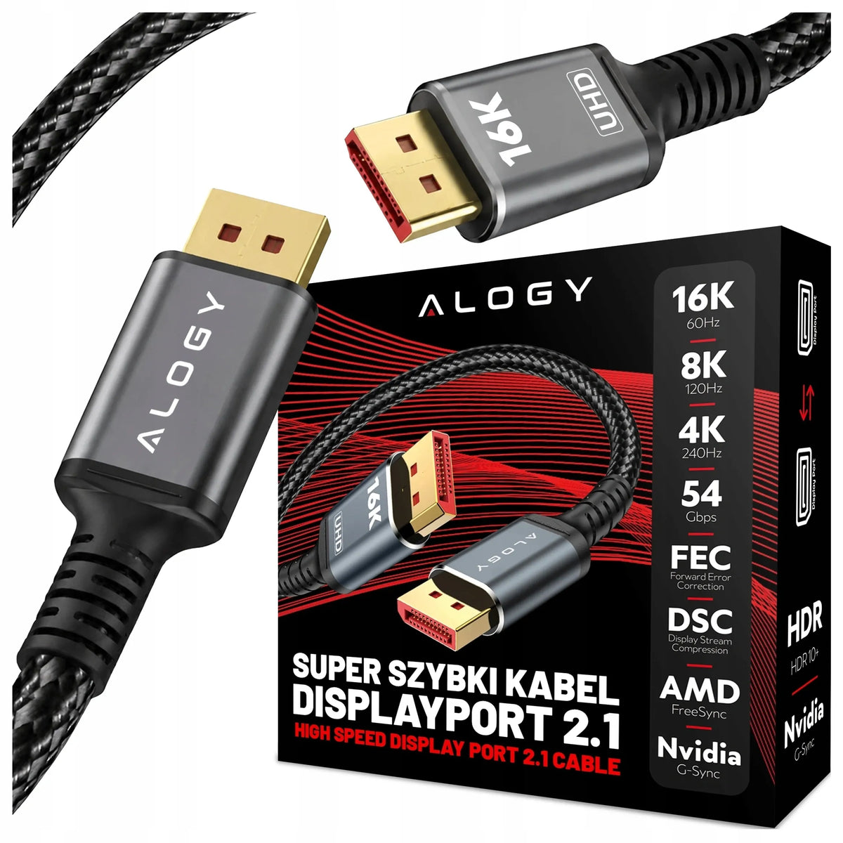 Alogy DisplayPort 2.1 kabelis, 2 m, monitoriui, DP 4K/240 Hz, DSC, FreeSync, G-SYNC