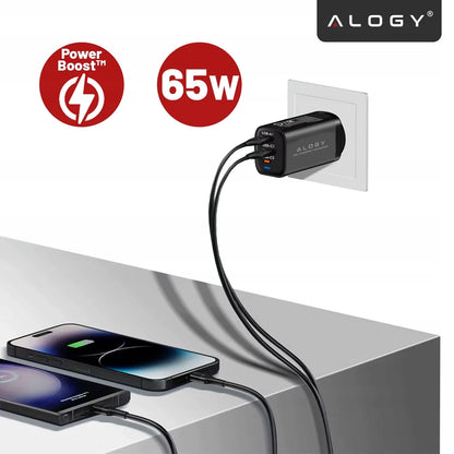 Alogy GaN3 65W tinklo įkroviklis, 2x USB-C + USB-A, PD ir QC