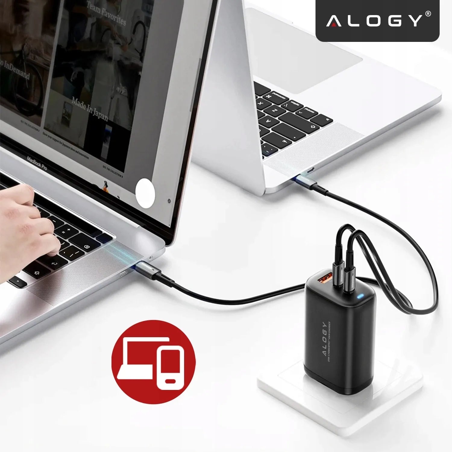 Alogy GaN3 65W tinklo įkroviklis, 2x USB-C + USB-A, PD ir QC