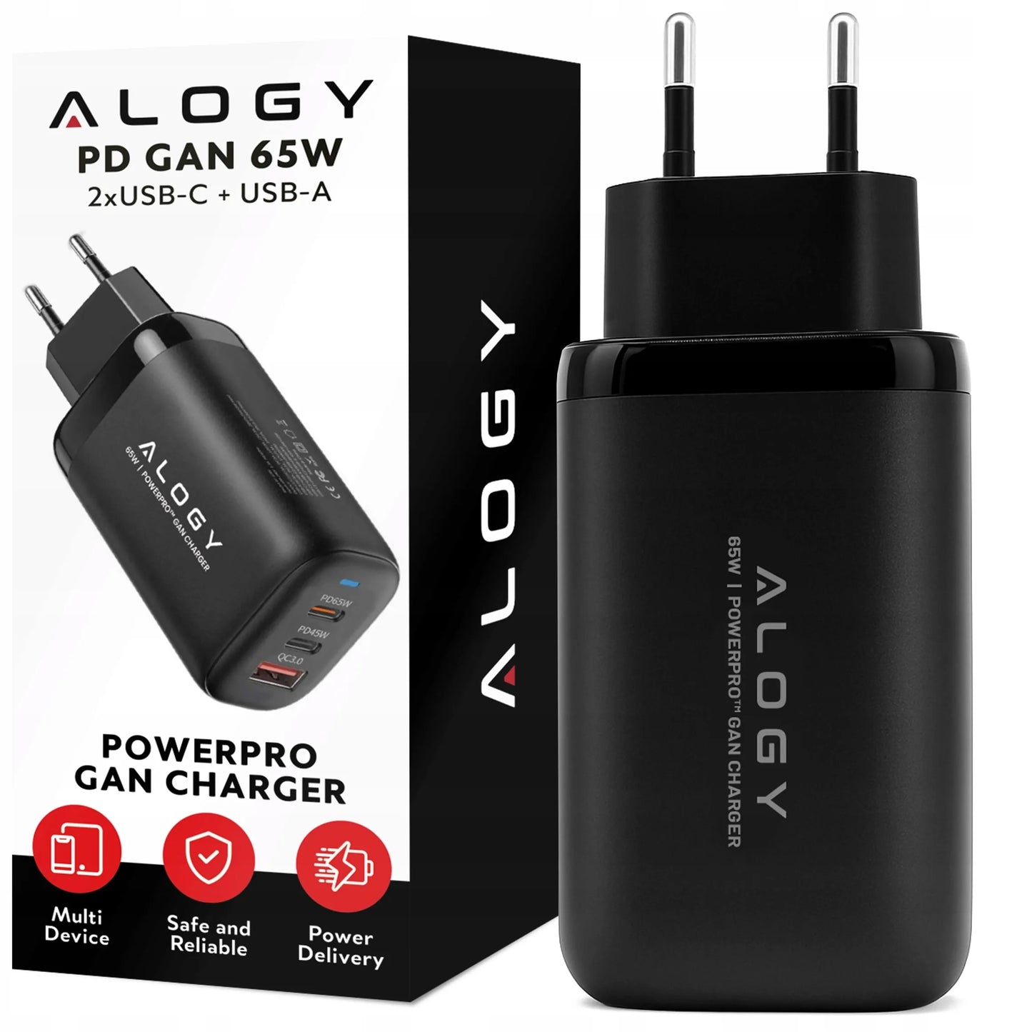 Alogy GaN3 65W tinklo įkroviklis, 2x USB-C + USB-A, PD ir QC