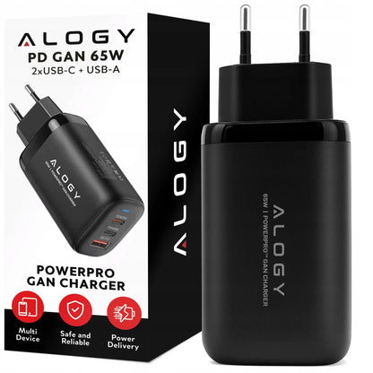 Alogy GaN3 65W tinklo įkroviklis, 2x USB-C + USB-A, PD ir QC