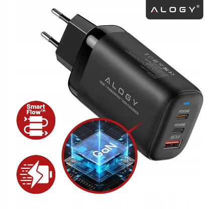 Alogy GaN3 65W tinklo įkroviklis, 2x USB-C + USB-A, PD ir QC