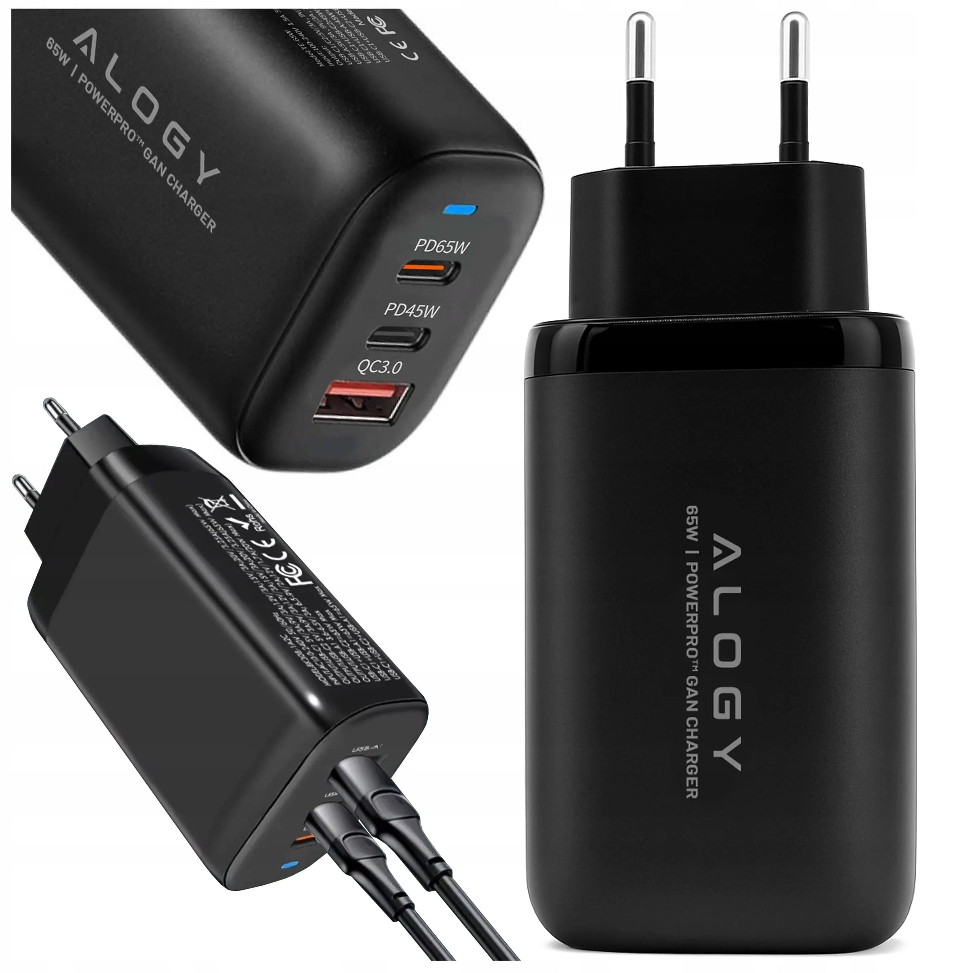 Alogy GaN3 65W tinklo įkroviklis, 2x USB-C + USB-A, PD ir QC
