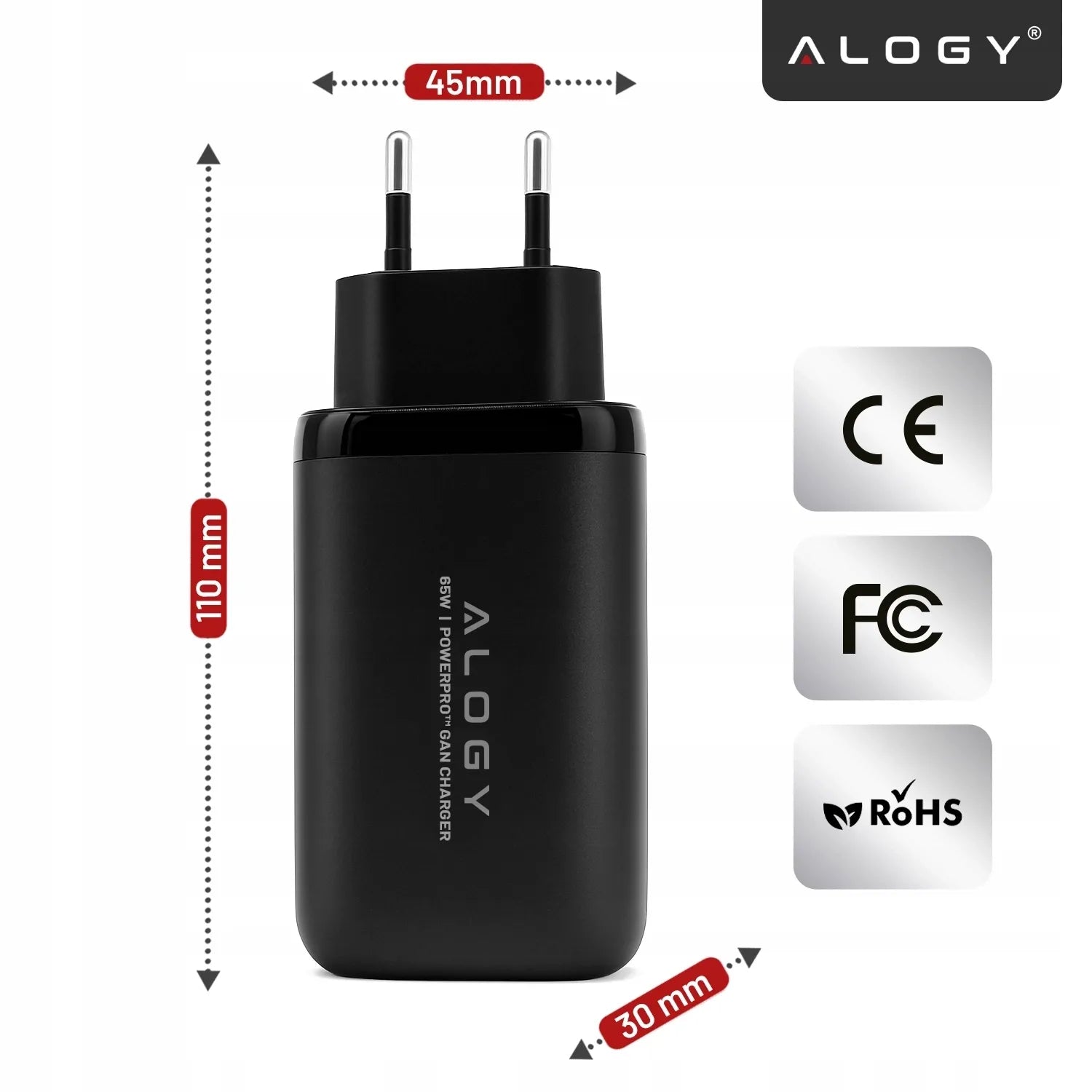 Alogy GaN3 65W tinklo įkroviklis, 2x USB-C + USB-A, PD ir QC