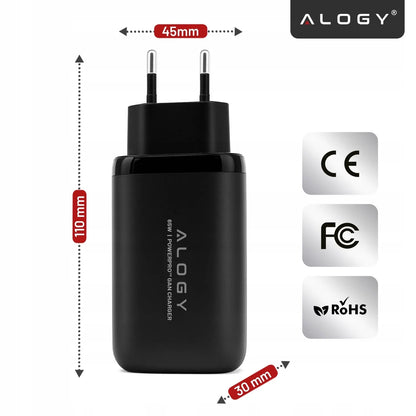 Alogy GaN3 65W tinklo įkroviklis, 2x USB-C + USB-A, PD ir QC