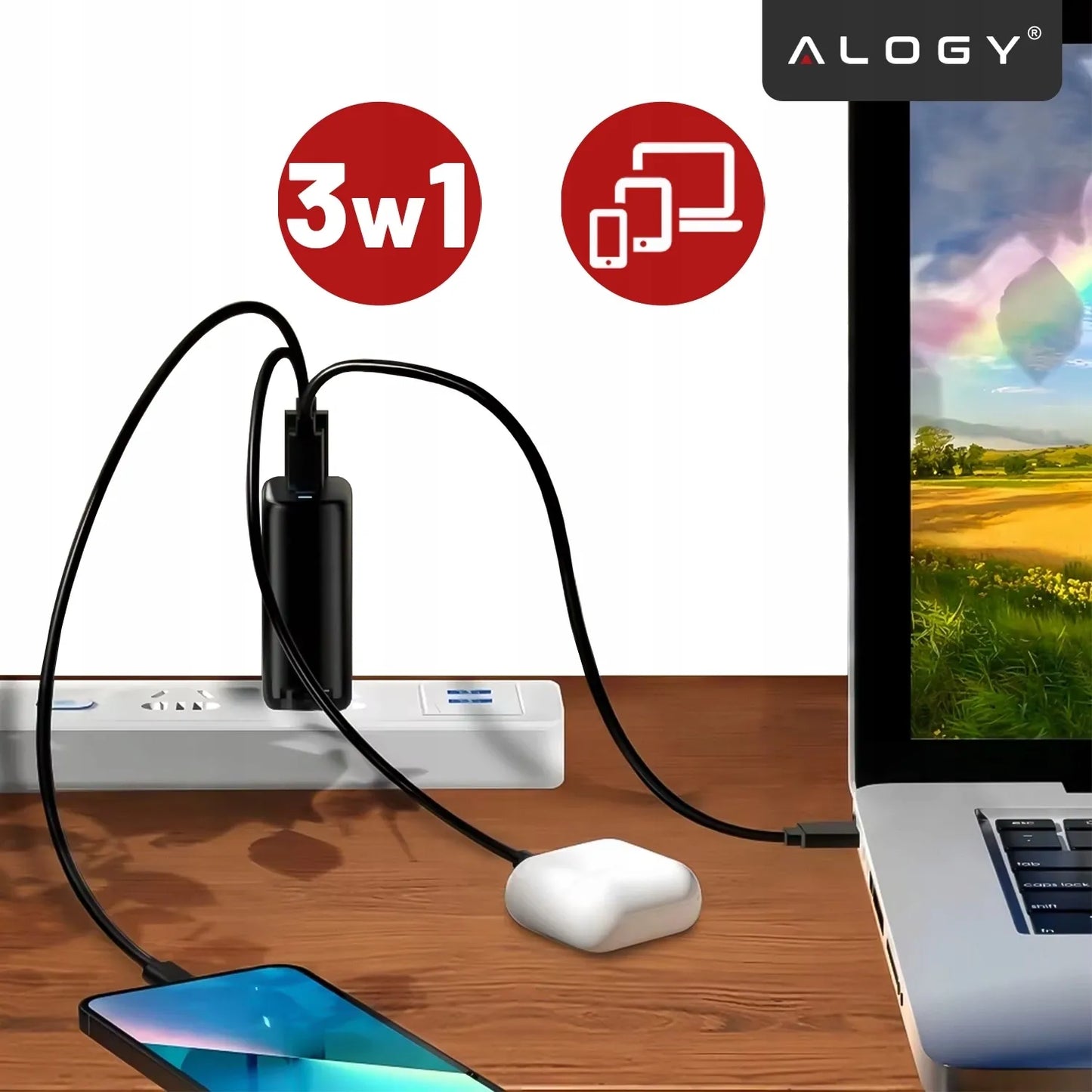 Alogy GaN3 65W tinklo įkroviklis, 2x USB-C + USB-A, PD ir QC