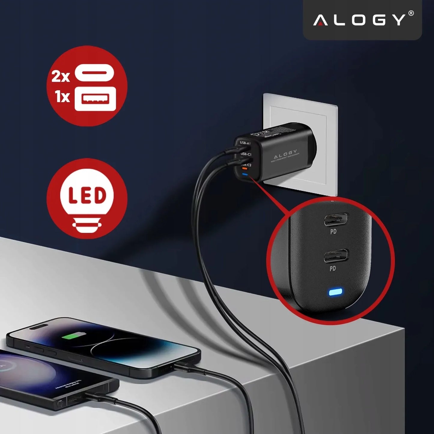 Alogy GaN3 65W tinklo įkroviklis, 2x USB-C + USB-A, PD ir QC