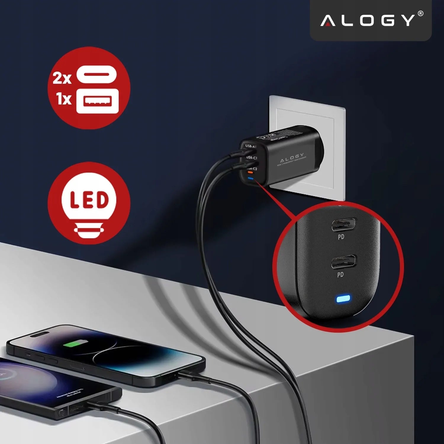Alogy GaN3 65W tinklo įkroviklis, 2x USB-C + USB-A, PD ir QC