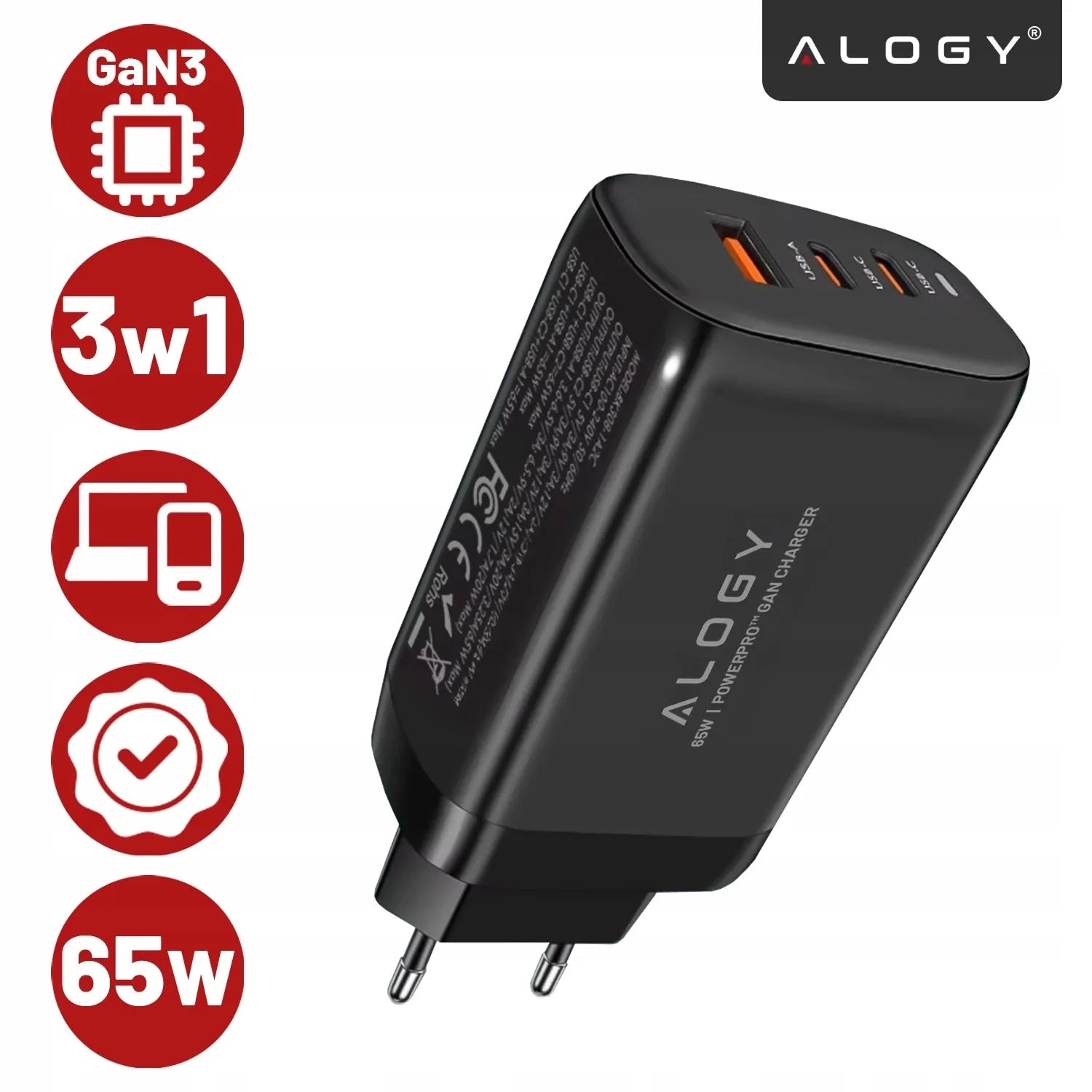 Alogy GaN3 65W tinklo įkroviklis, 2x USB-C + USB-A, PD ir QC