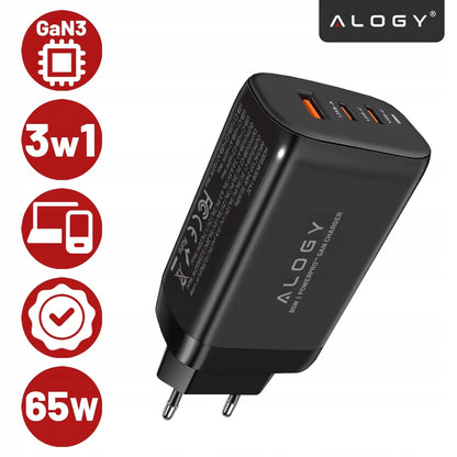 Alogy GaN3 65W tinklo įkroviklis, 2x USB-C + USB-A, PD ir QC