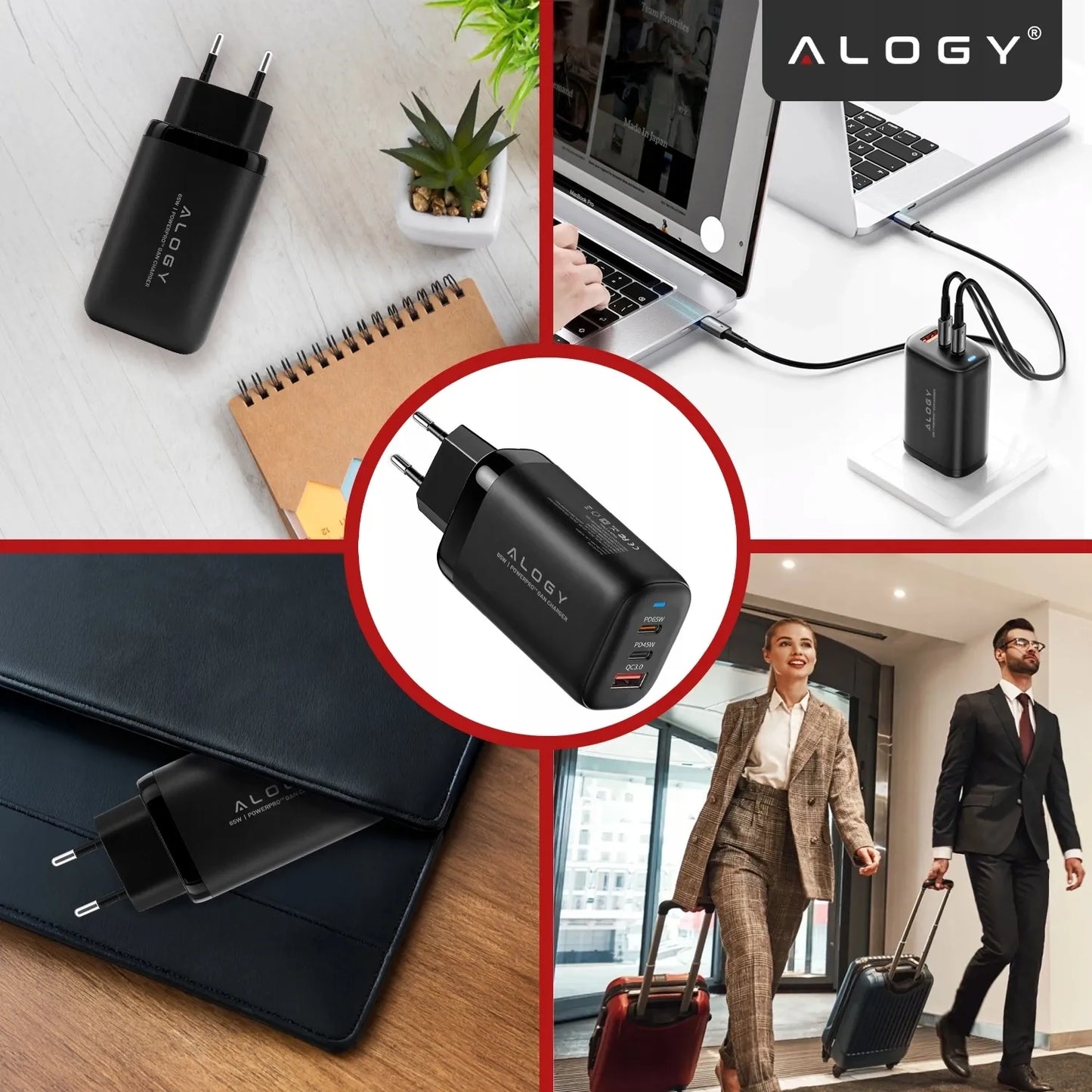 Alogy GaN3 65W tinklo įkroviklis, 2x USB-C + USB-A, PD ir QC