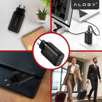 Alogy GaN3 65W tinklo įkroviklis, 2x USB-C + USB-A, PD ir QC