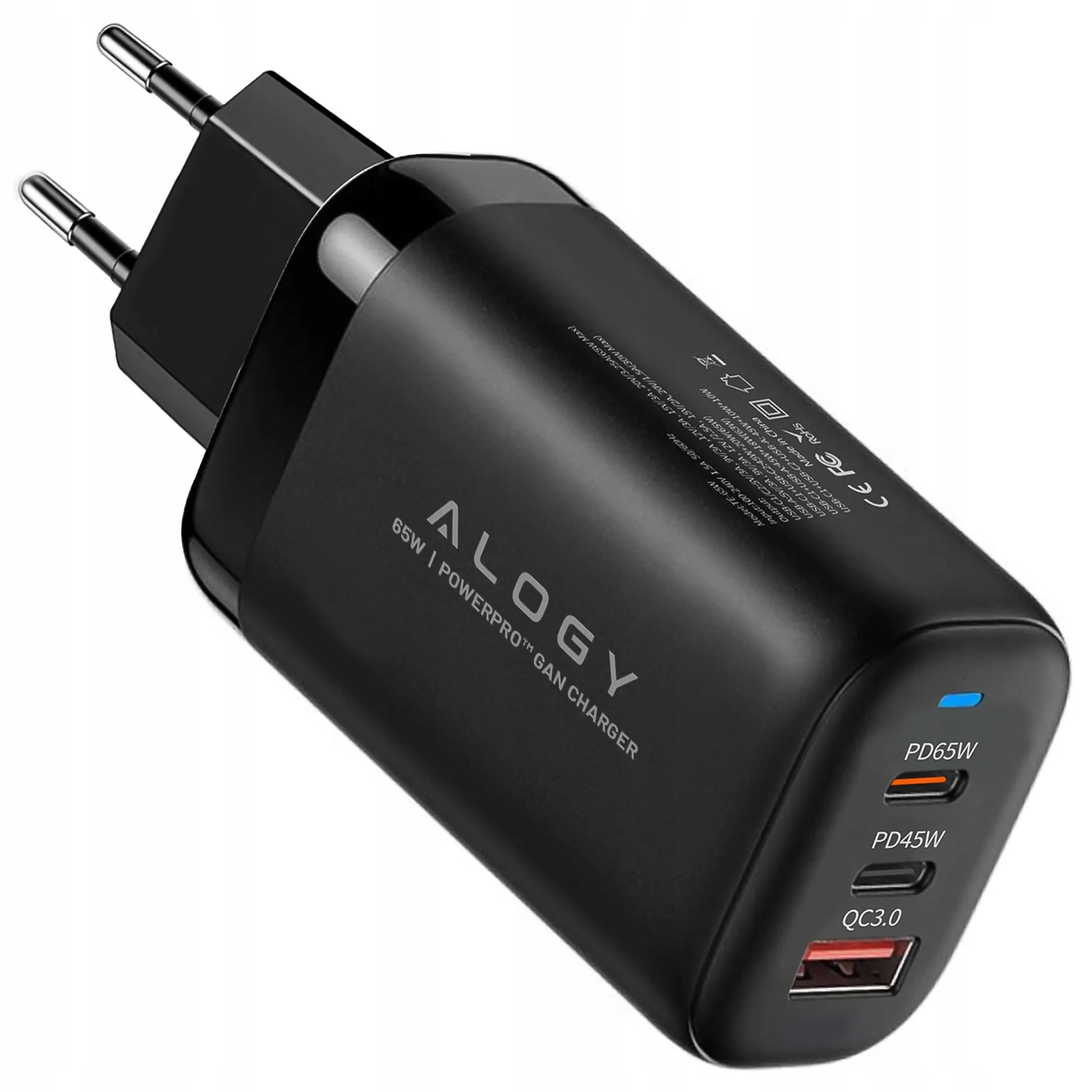 Alogy GaN3 65W tinklo įkroviklis, 2x USB-C + USB-A, PD ir QC