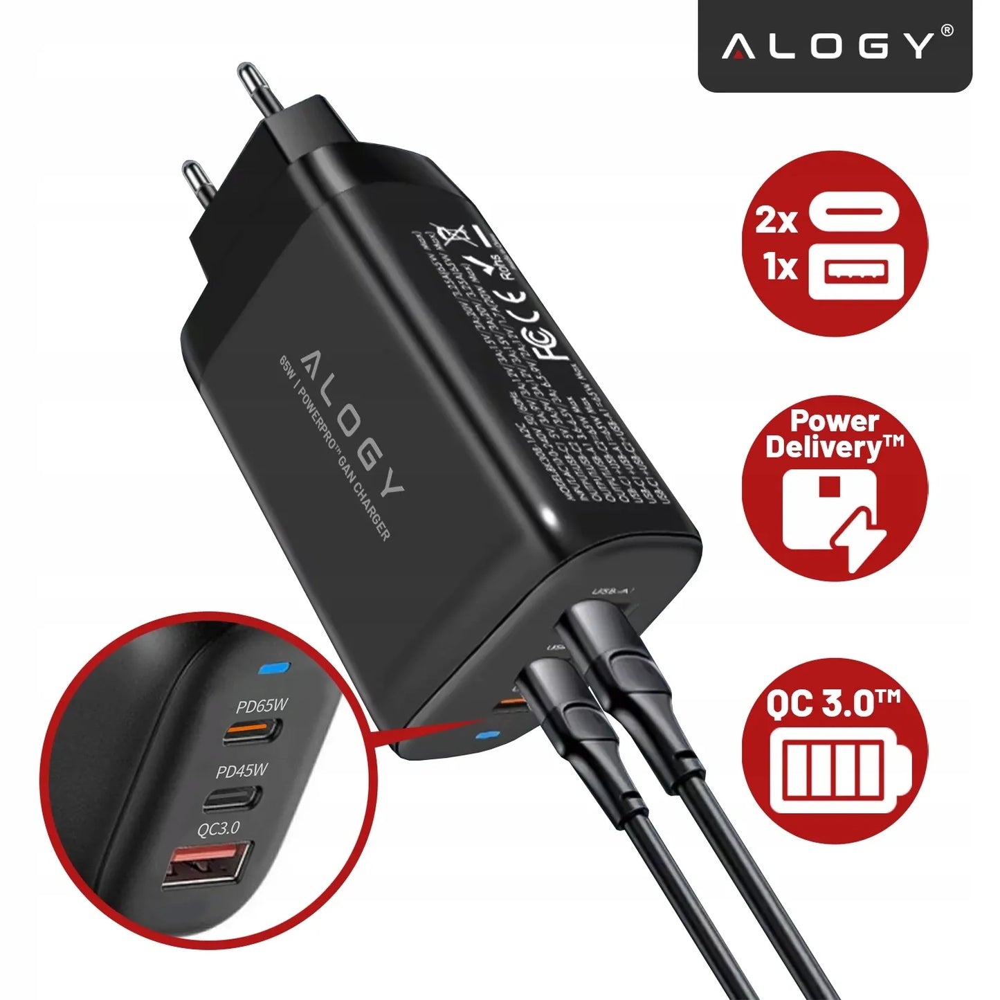 Alogy GaN3 65W tinklo įkroviklis, 2x USB-C + USB-A, PD ir QC