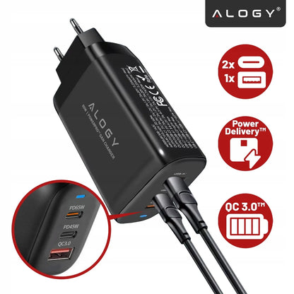 Alogy GaN3 65W tinklo įkroviklis, 2x USB-C + USB-A, PD ir QC