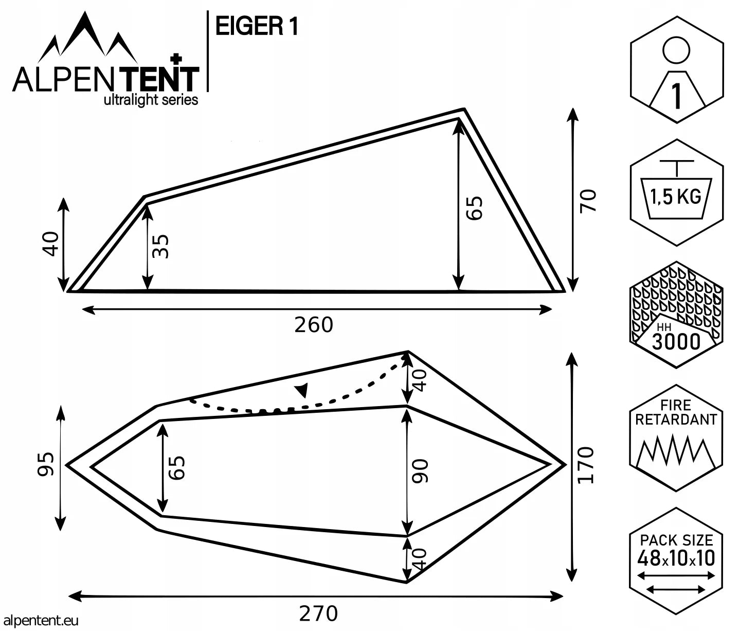 AlpenTent EIGER 1 vienvietė palapinė, ultralengva, 1,5 kg