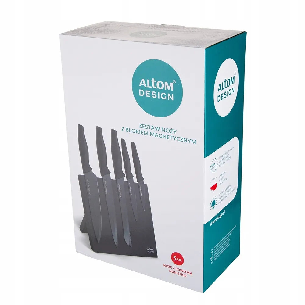 Altom Design 5 dalių virtuvinių peilių rinkinys su juodu magnetiniu stovu