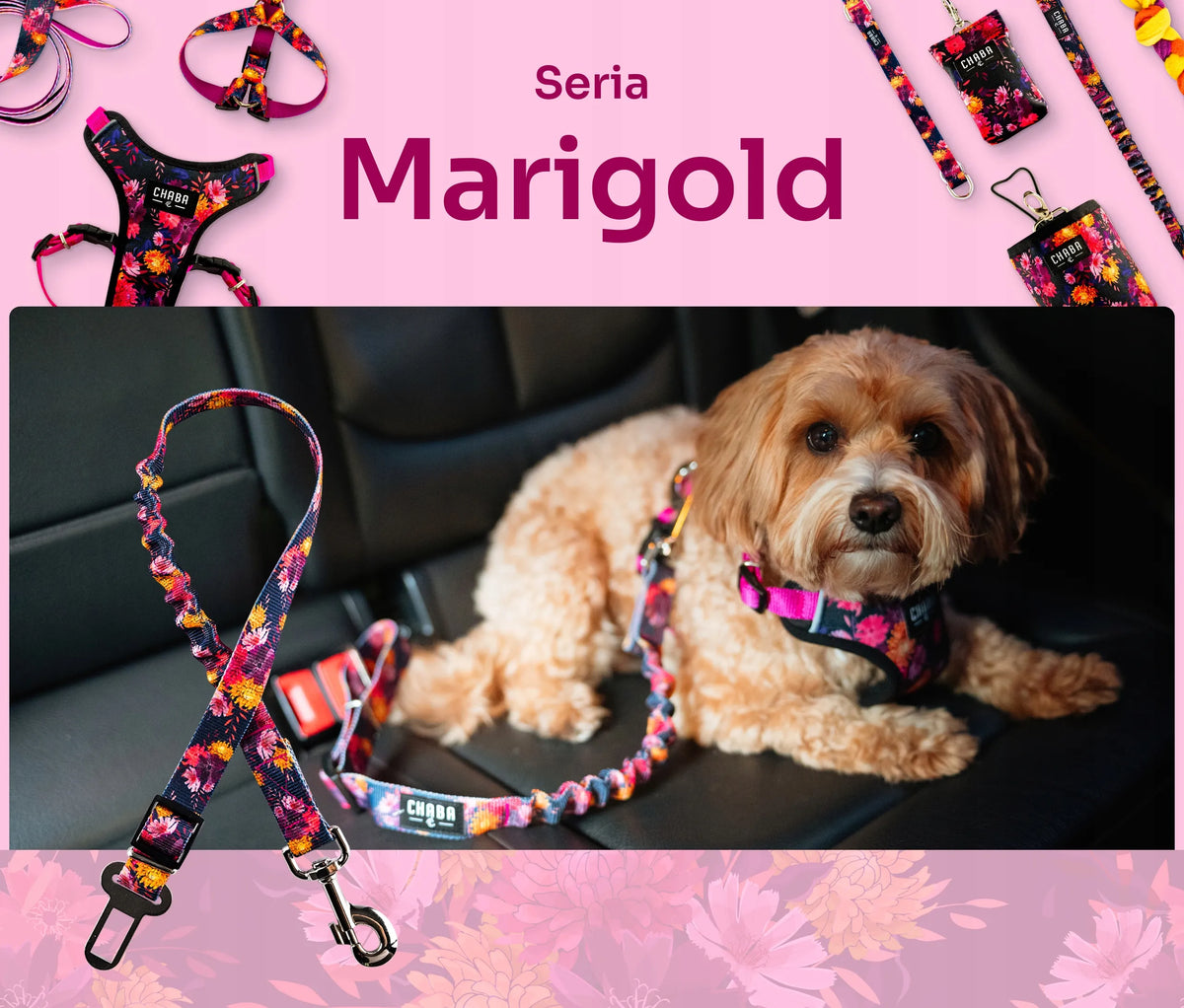 Amortizuojamas automobilio saugos diržo prisegiklis šuniui „Chaba Marigold“, S dydis