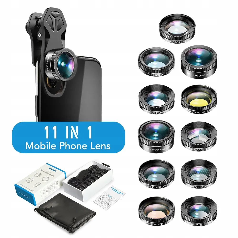 Apexel APL-DG11 11-in-1 išmaniųjų telefonų objektyvų ir filtrų rinkinys